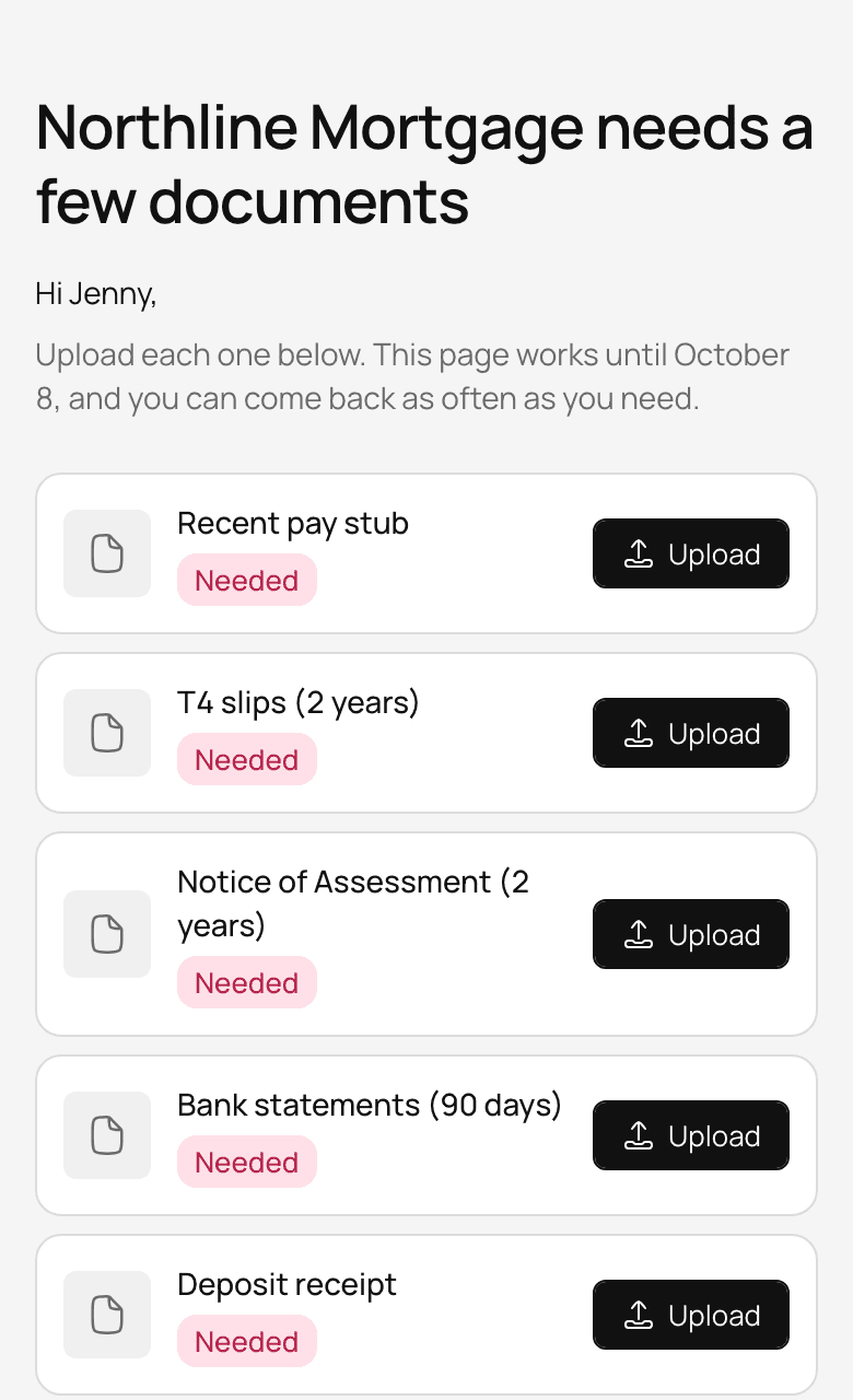 A deal's Documents tab: what the client still owes, what is waiting for review and what is accepted, with each document's status.