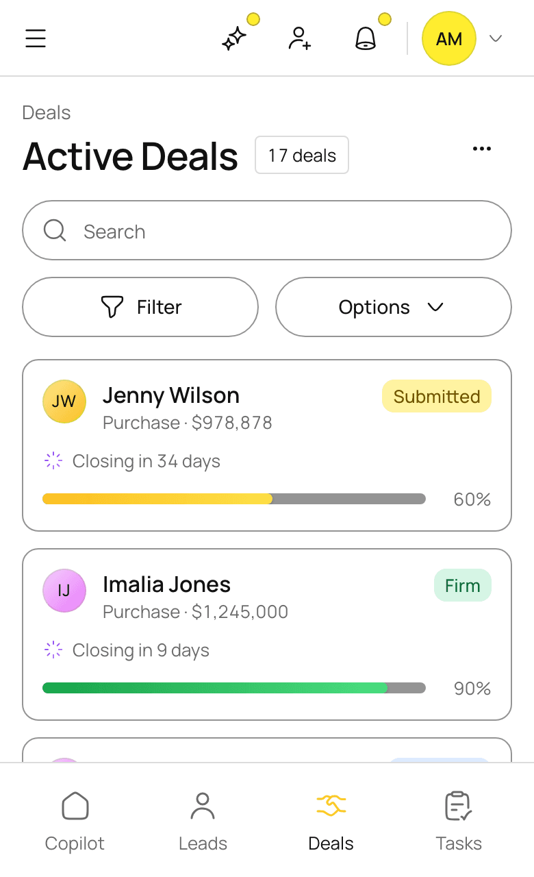 Active deals: each client with purpose, amount, owners, progress, stage and closing date.